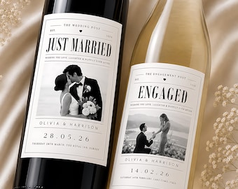 Personalised Wedding Bottle Label, Engagement Wine Label, Custom Photo Anniversary Bottle Sticker, Newspaper Style Wedding Gift Label