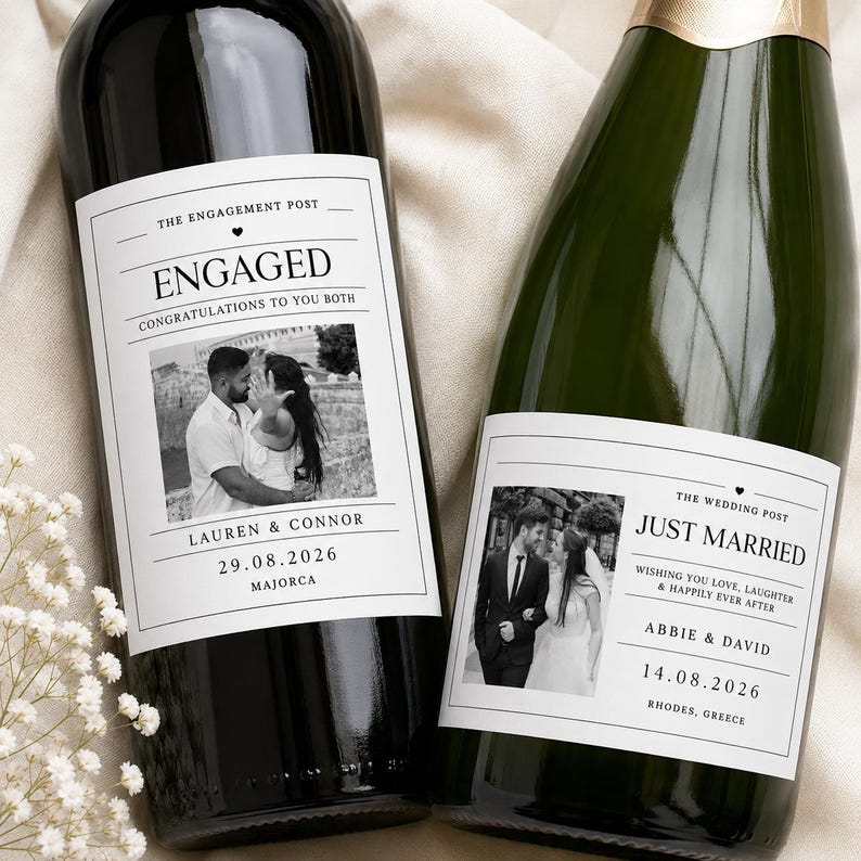 May include: Two glass wine bottles with custom white labels. The left label reads THE ENGAGEMENT POST, ENGAGED, CONGRATULATIONS TO YOU BOTH, LAUREN & CONNOR, 29.08.2026, MAJORCA. The right label reads THE WEDDING POST, JUST MARRIED, ABBIE & DAVID, 14.08.2026.