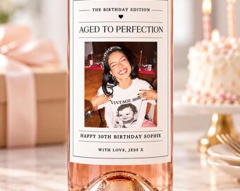 Personalised Birthday Wine Label, Custom Photo Bottle Sticker, Any Age Birthday Gift, Rose Wine Label, Birthday Bottle Label