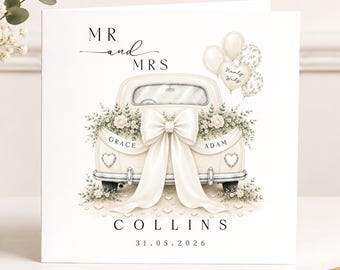 Personalised Newly Weds 2026 Wedding Card, Couple Wedding Car, Mr & Mrs / Mrs Mrs / Mr Mr, Custom Names Wedding Day Card, Free Delivery