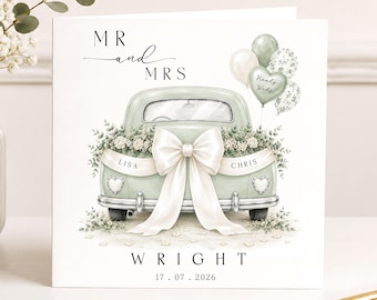 May include: A square wedding greeting card featuring a sage green vintage car illustration with a large white bow, floral arrangements, and balloons. Text includes MR and MRS, LISA, CHRIS, WRIGHT, and the date 17.07.2026 in a clean serif font.