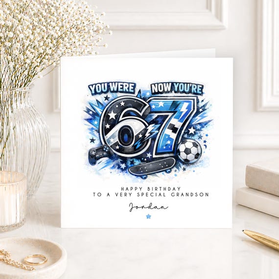 Personalised 67 Meme Birthday Card For Son Grandson Nephew, Six Seven Birthday Card, Football Card For Him, Boys Gaming 7th Birthday Card