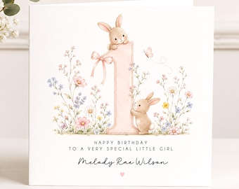 Personalised 1st Birthday Card Girl, Bunny First Birthday Card, Rabbit Birthday Card, Wildflower Birthday Card, Age 1 Card, Free Delivery