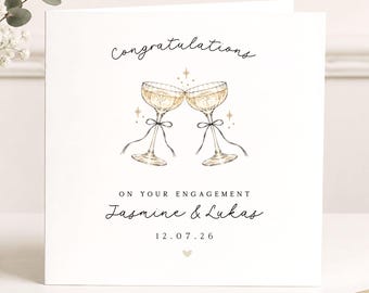 Personalised, Engagement Card, Congratulations Card for Couple, Champagne Glass Card, Custom Names and Date, Elegant Neutral Engagement