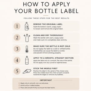 May include: An instructional graphic titled HOW TO APPLY YOUR BOTTLE LABEL with five numbered steps. It details removing the original label, cleaning and drying the bottle, ensuring it is not cold, applying to a smooth section, and sticking the middle first.