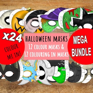 Bundle Printable Halloween Masks, Halloween Coloring, Printable Coloring, Costume Mask, Kids Masks, Photo Booth Props, Instant Download DIY