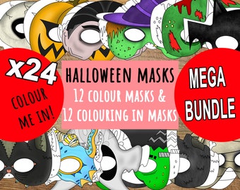 May include: A set of 24 Halloween masks, including 12 color-in masks and 12 pre-colored masks. The masks feature various Halloween characters, such as a pumpkin, a vampire, a witch, a ghost, a cat, and a monster. The text on the image reads "X24 Colour Me In! Halloween Masks Mega Bundle 12 Colour Masks & 12 Colouring In Masks".