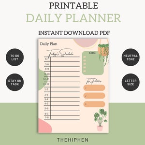 Planificador Diario, Lista de Tareas, Imprimible, Planificador Diario de Productividad, Carta, Planificador de Tonos Neutros, Resumen, Tema de Planta, Descarga Instantánea PDF