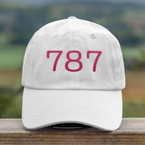 May include: White baseball cap with a pink embroidered number 787.