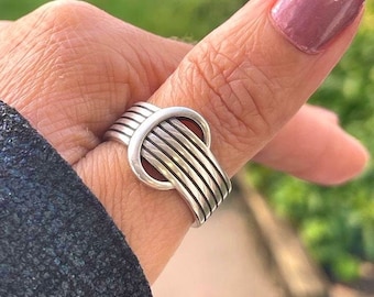 Knoop geweven gelaagde ring, dikke zilveren ring, Boho ring voor vrouwen, duim verstelbare dikke open band, kerstcadeau voor haar