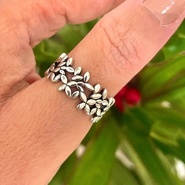 Grosse bague en argent, bague délicate, bagues pour femme, bague réglable, cadeau pour elle, bague de pouce, bague en argent délicate, petites feuilles, cadeau de la Saint-Valentin