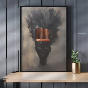 Arte mural con peine afro, pintura al óleo de cabello afro africano, arte digital afrocéntrico imprimible único, arte afroamericano, solo digital