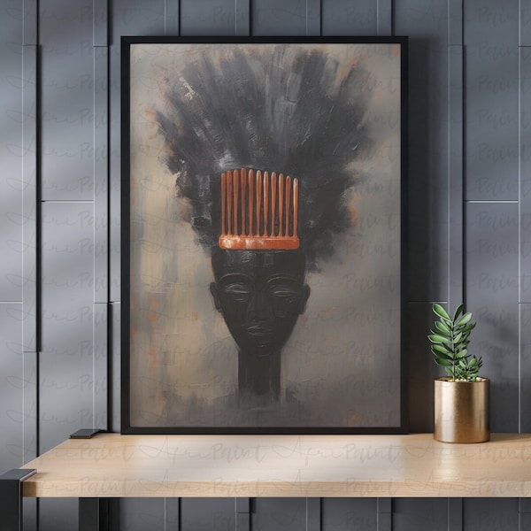 Afro Comb Hair Wall Art, African Afro Hair Oil Painting, Unique Afrocentric Digital Printable Art, African American Art, Digital Only