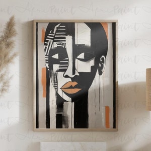 Lienzo y póster abstractos africanos, arte tribal afrocéntrico en blanco y negro con acentos naranjas, decoración de pared llamativa para hogares modernos y bohemios