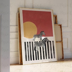 Abstract zebrapad digitale afdrukbare muur, Afrikaanse kunstposter, halverwege de eeuw, geometrisch, minimalistisch, getextureerd retrodesign, safaridier