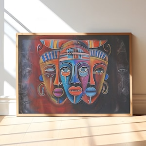 The African Mask Trio African Chalk Wall Art, Afrocentric Art, Tribal Painting, Vintage African Art, African Abstract Poster