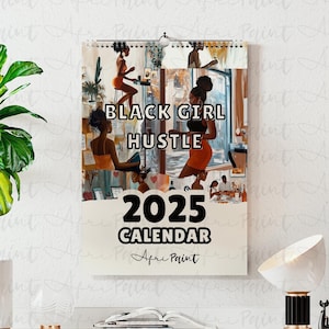 NIEUWE Black Girl Hustle 2025-wandkalender – krachtige illustraties en bevestigingen, zwarte vrouw planner, Afro-Amerikaans, 12-maandenkalender