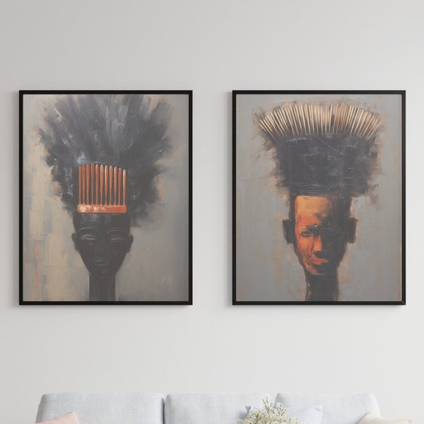 AFRO HAIR DUO Digital Printable Art, Afro Comb Hair Wall Art, Afro Brush Hair Wall Art, 2 Piece Wall Art Set| Afrocentric Art, Gothic Art