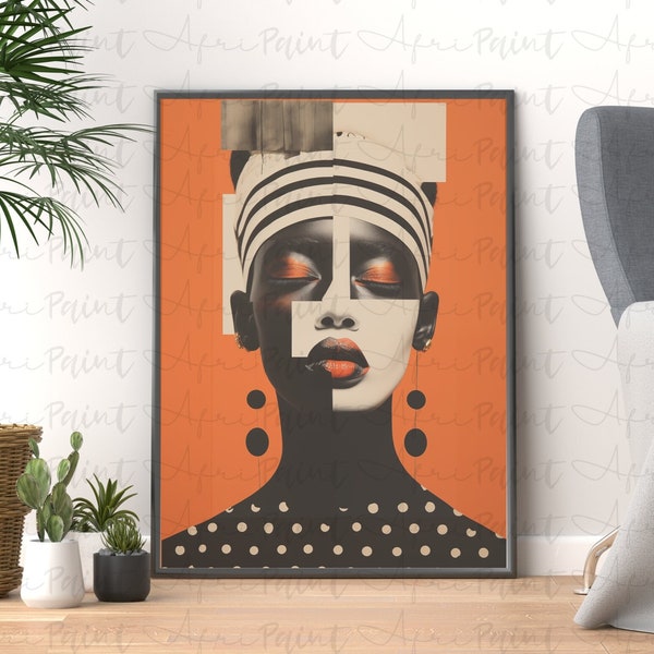 Art déco africain dynamique, portrait de femme africaine, art mural numérique, décoration audacieuse, art africain, collage audacieux, portrait de femme noire, afrocentrique