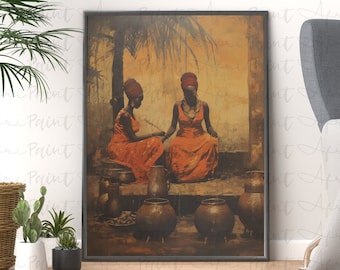 African Village Ladies Digital Printable Art, African Wall Art| African Vintage African Art, Afrocentric Digital Art| Unique African Art,