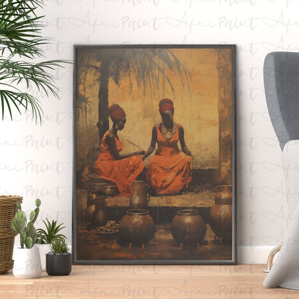 Art numérique imprimable pour dames du village africain, art mural africain | Art africain vintage africain, art numérique afrocentrique | Art africain unique,