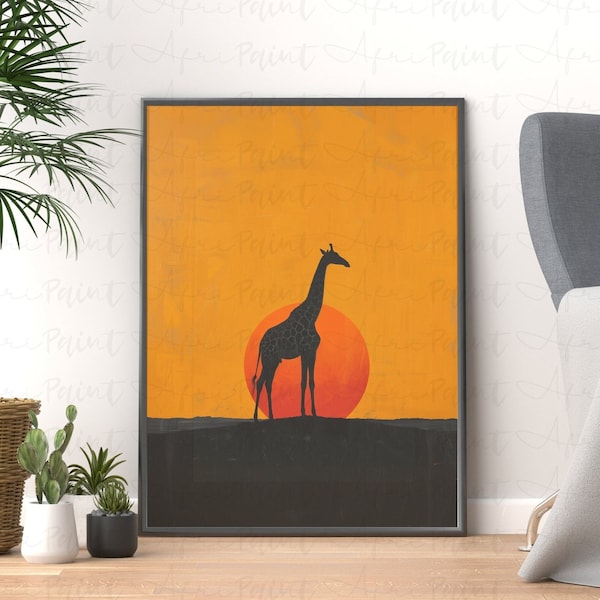 Giraffe In the Sunset Digital Printable Wall Art, African Savannah Painting, Safari Animals theme, African Animal Wall Art, Giraffe Print