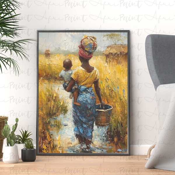 Femme d'un village africain et son enfant puisant de l'eau oeuvre d'art numérique imprimable | Art mural africain | Peinture à l'huile africaine | Art africain vintage |