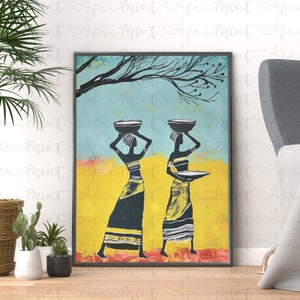 African Women in Village Digital Printable Wall Art, African art, West Africa, Vintage, Abstract, Afrocentric, Tribal Home Decor, Ethnic Art