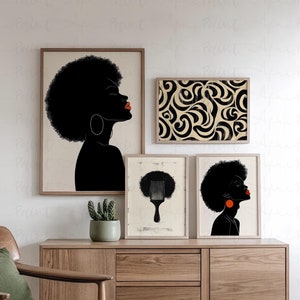 Afro Vibes Collection, Digital Printable Art, African American Gallery Wall Bundle, Set of 4 Prints, Modern Afro Hair Art, Minimalist Theme