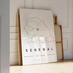 SENEGAL Mapa Cartel Impresión/ Cartel senegalés Arte imprimible Descargar/ Arte de pared minimalista africano/ Arte de pared de bandera de Senegal/ Mapas africanos/