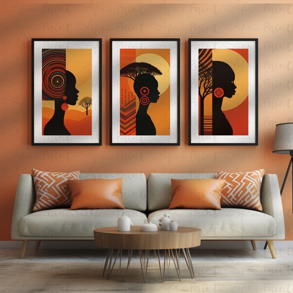 Set of 3 Abstract Silhouette of African Woman, Minimalist Art, Aesthetic print set, African Art print set, Digital Printable Wall Art