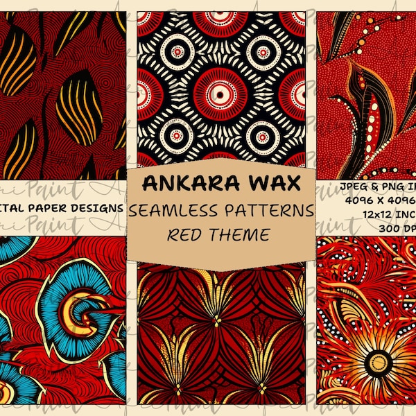 43 Seamless African Ankara Wax Digital Papers| Red Ankara Digital Scrapbook| Digital Scrapbook Paper| African Digital Paper| PNG - JPG Files