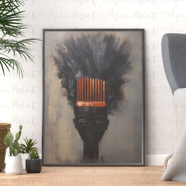 Afro Comb Hair Poster Print Wall Art, African American Oil Painting, Unique Afrocentric, Home Décor, Housewarming Gift,  PHYSICAL POSTER