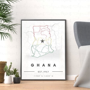 Ghana kaart posterafdruk| Ghana poster afdrukbare kunst downloaden| Afrikaanse minimalistische muurkunst| Muurkunst vlag Ghana| Afrikaanse kunstdecoratie
