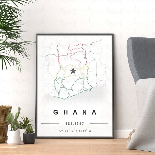 Ghana kaart poster afdrukken | Ghana Poster afdrukbare kunst downloaden | Afrikaanse minimalistische muurkunst| Ghana vlag kunst aan de muur| Afrikaanse kunstdecor