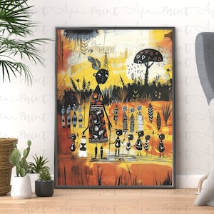 Afrikanische Dorfkinder und ihre Mutter Wandkunst, afrikanisches Poster, afrozentrische abstrakte Kunst, afrikanische Dorfkunst, Stammeskunst, ethnisches Dekor