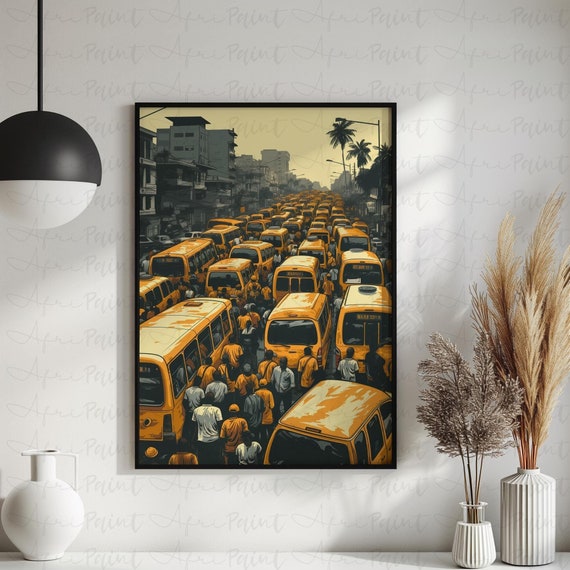 Yellow Bus City Digital Physical Wall Art, African Wall Art,  Abstract wall art, Nigerian Wall Art, Afrocentric Wall Art, Lagos, Unique Art