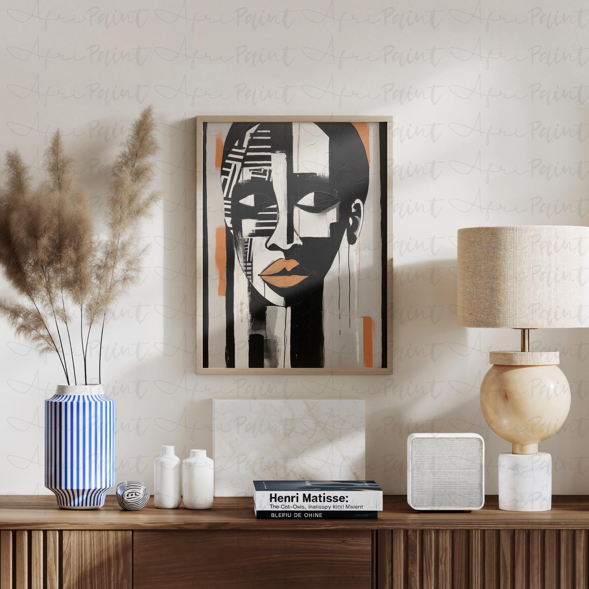 African Abstract Canvas & Poster, Afrocentric Black and White Tribal Art with Orange Accents, Bold Wall Decor for Modern and Boho Homes