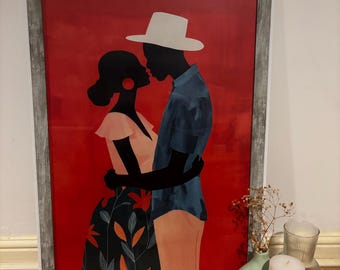 Black Couple in Love Wall Art, Black Love, Romantic Painting, Black Man & Woman, Mid Century, Modern, One Year Anniversary Gift, African Art