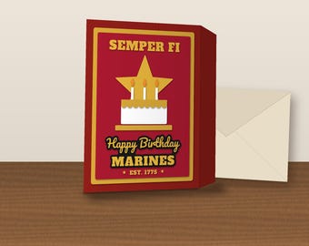 May include: A rectangular greeting card with a deep red background and a gold border. The card features a yellow star, a white birthday cake with three lit candles, and the text Semper Fi, Happy Birthday MARINES, and EST. 1775.