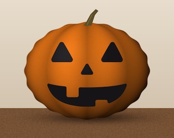 May include: A round orange pumpkin with a green stem and a carved jack-o'-lantern face featuring two black triangular eyes, a small triangular nose, and a wide black mouth with two square teeth cutouts on a plain background.