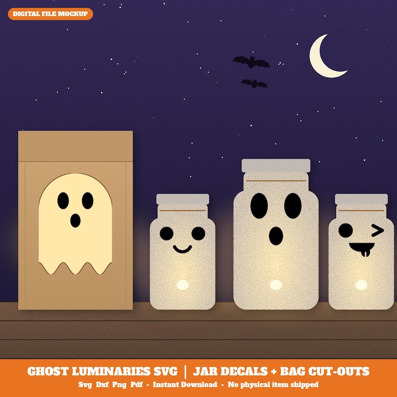 Ghost Luminary Svg, Halloween Ghost Face Mason Jar Decal, Paper Bag Luminary Cut File, Ghost Face Svg Bundle, Cricut Silhouette Dxf Png image 1