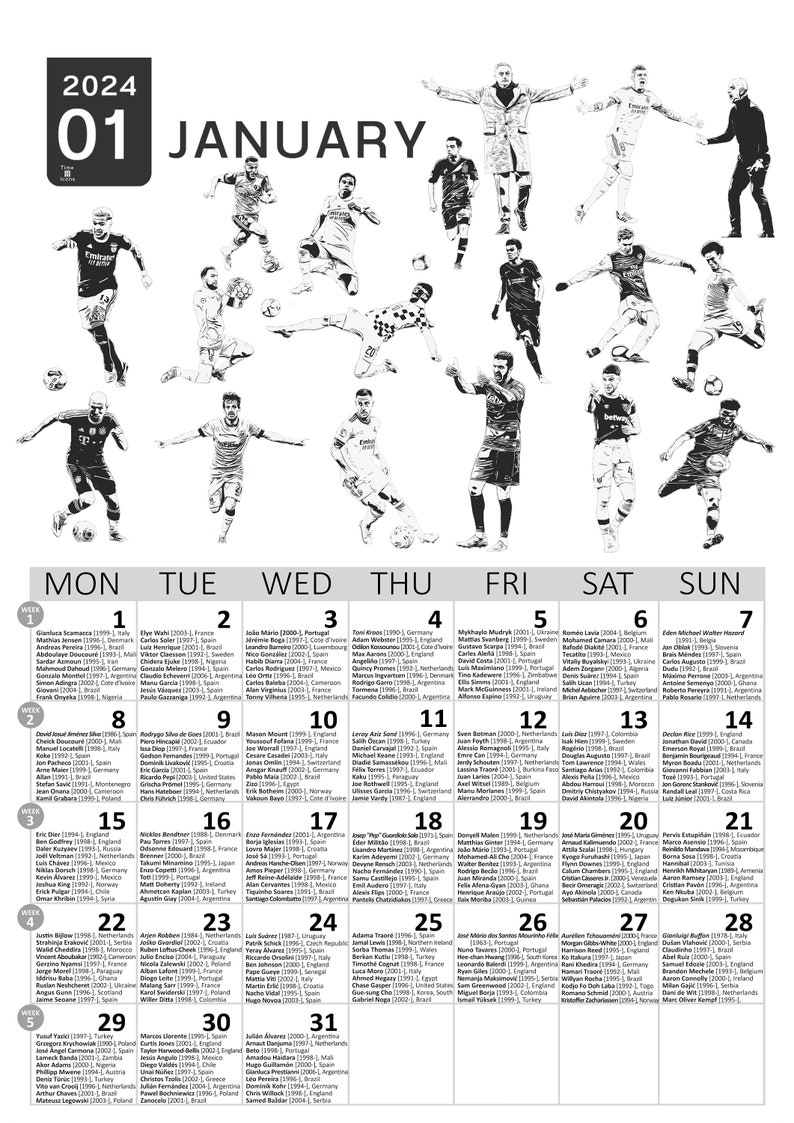 Time Icons Soccer Players' Birthdays Calendar 2024 Etsy