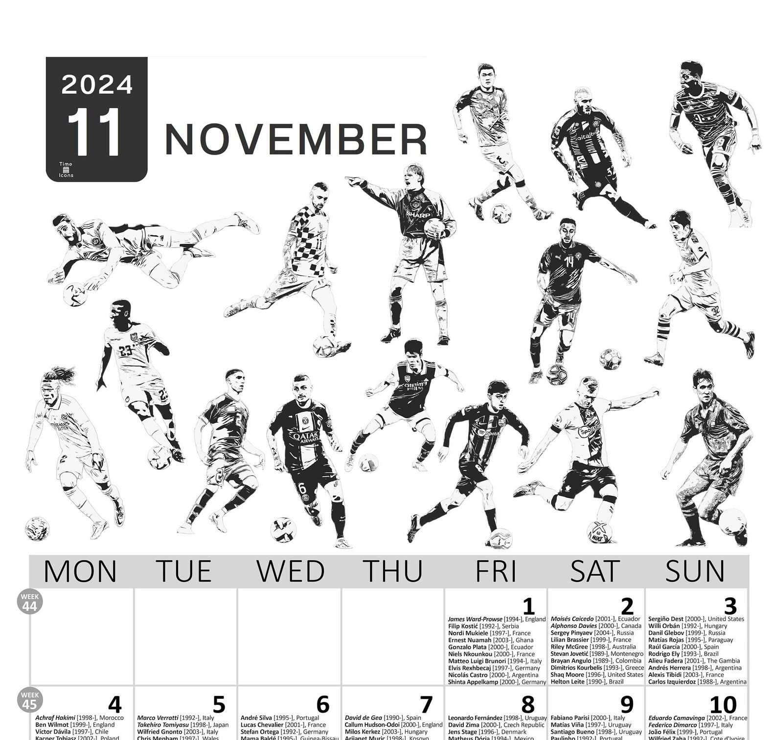 Time Icons: Soccer Players’ Birthdays Calendar 2024 - Etsy