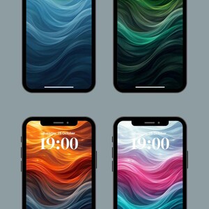 May include: Four smartphones with black frames displaying colorful abstract wave patterns. Each phone shows the date and time: Tuesday, 25 October, 19:00. The backgrounds feature shades of blue, green, orange, and pink.