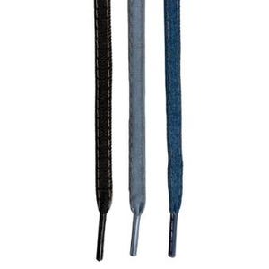 May include: Three shoelaces, one black with a white stitch, one light grey, and one dark blue.