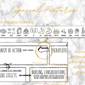 May include: A medical study guide with the title "Special Features" in gold script. It includes icons for learning, a section on the mechanism of action, and nursing considerations. Arrows and instructions guide note-taking and the thought process.
