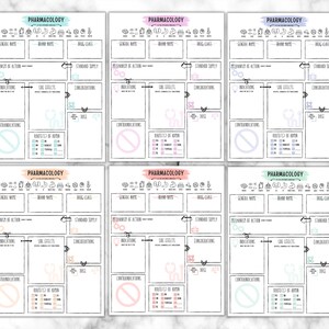 May include: Six pharmacology study sheets with a white background and colorful headers. Each sheet has sections for general notes, brand names, drug class, and more. The word "PHARMACOLOGY" is at the top of each sheet.