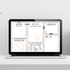 May include: A laptop displaying a medical study guide with sections for indications, side effects, and considerations. The guide includes illustrations of a lightbulb, stethoscope, and scales. The laptop is on a white desk with a plant and books.