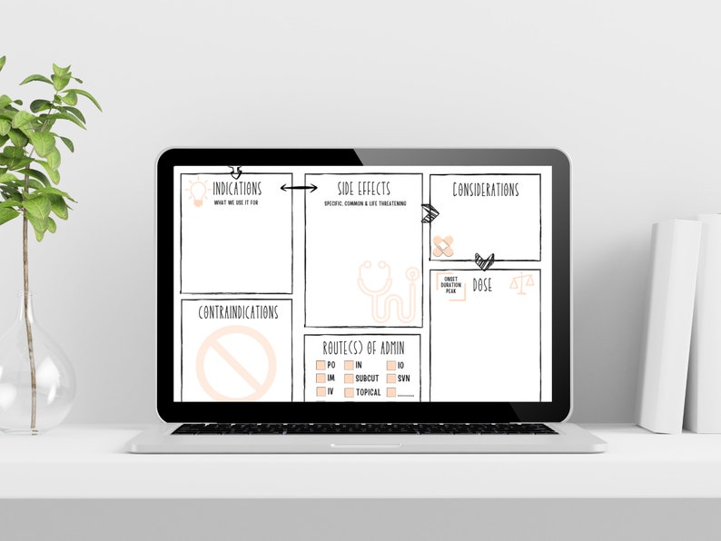 May include: A laptop displaying a medical study guide with sections for indications, side effects, and considerations. The guide includes illustrations of a lightbulb, stethoscope, and scales. The laptop is on a white desk with a plant and books.